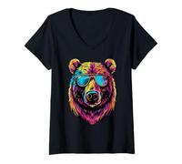 Mujer Retro al Aire Libre Desierto Oso árboles reflexión Bosque Camiseta Cuello V