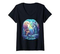 Mujer Retro al Aire Libre Desierto Oso árboles reflexión Bosque Camiseta Cuello V