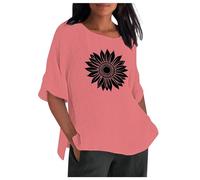 Mujer Retro Algodón Lino Moda Impreso Holgado Casual Camisa con Cuello Redondo Mangas Cuartos 1 Pijama de Seda Mujer, Rosa., XXL