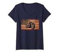 Mujer Retro American Flag Motor Bike Adventure Motorcycle Camiseta Cuello V