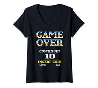 Mujer Retro Arcade Game Over Continuar Insertar Moneda 10 Camiseta Cuello V