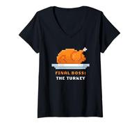 Mujer Retro Arcade Pixelated Game Thanksgiving - Final Boss Turkey Camiseta Cuello V