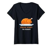 Mujer Retro Arcade Pixelated Game Turkey - Press Start to Feast Camiseta Cuello V