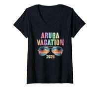 Mujer Retro Aruba Vacation 2026 Viaje Vacaciones Coincidencia Camiseta Cuello V