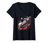 Mujer Retro Astronauta Planetas Universo Spaceman Niños Nave Espacial Camiseta Cuello V