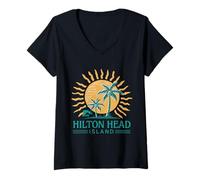 Mujer Retro Atardecer Palmeras Hilton Head Island Carolina del Sur Camiseta Cuello V