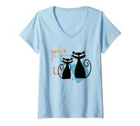 Mujer Retro Atomic Age Mid-Century Twin Cat Vintage Modern Design Camiseta Cuello V
