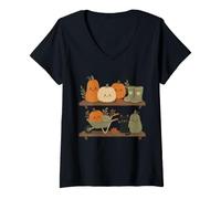 Mujer Retro Autumn Harvest Shelf Doodle Personajes Vibe Camiseta Cuello V