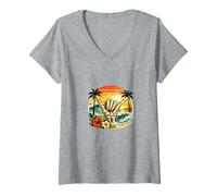 Mujer Retro Beach Shaka Mano ilustración Camiseta Cuello V