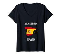 Mujer Retro Benidorm España Envejecida Bandera de España Camiseta Cuello V