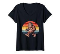 Mujer Retro Bigfoot Gamer Jugando Consola Videojuegos Sasquatch Camiseta Cuello V