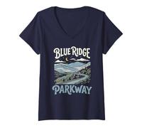 Mujer Retro Blue Ridge Parkway Vintage Style 80s National Park Camiseta Cuello V