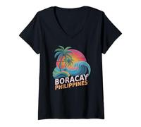 Mujer Retro Boracay FILIPINES Vacaciones Natación Viaje Besties Camiseta Cuello V