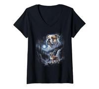 Mujer Retro Bulldog Aullando a la Luna 90s Bootleg Meme Puppy Dog Camiseta Cuello V
