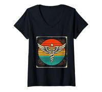 Mujer Retro Caduceo Médico Médico Enfermería Medicina Enfermera Camiseta Cuello V
