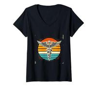 Mujer Retro Caduceo Médico Médico Enfermería Medicina Enfermera Camiseta Cuello V