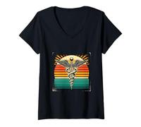 Mujer Retro Caduceo Médico Médico Enfermería Medicina Enfermera Camiseta Cuello V