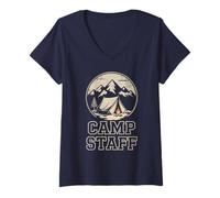 Mujer Retro Camp Staff Summer Camping Anfitrión Vibes Personal Besties Camiseta Cuello V