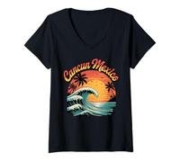 Mujer Retro Cancun Mexico Sunset Ocean Wave Travel Camiseta Cuello V