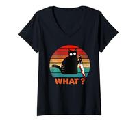 Mujer Retro Cat What? Divertido Gato Negro Asesino Gato con Cuchillo Camiseta Cuello V
