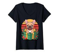 Mujer Retro Christmas French Bulldog X-Mas Ornaments Frenchie Camiseta Cuello V