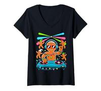 Mujer Retro Christmas House Music Santa DJ Techno Rave EDM Xmas Camiseta Cuello V