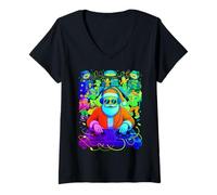 Mujer Retro Christmas House Music Santa DJ Techno Rave EDM Xmas Camiseta Cuello V