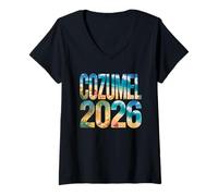 Mujer Retro Cozumel 2026 Vacaciones City Trip Familia Niñas Tripulación Camiseta Cuello V