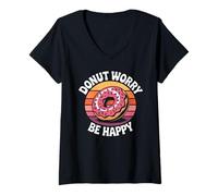 Mujer Retro Donut Worry Be Happy Funny Pastry Postre Sprinkles Camiseta Cuello V