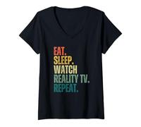 Mujer Retro Eat Sleep, mira Reality TV Repeat, Divertido fanático de los Reality Shows Camiseta Cuello V