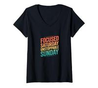 Mujer Retro Enfocado Sábado Imparable Domingo Motivación Camiseta Cuello V