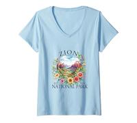 Mujer Retro Floral Zion National Park Senderismo Camping al Aire Libre Camiseta Cuello V