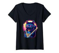 Mujer Retro futurista gato de la suerte sosteniendo moneda y pescado divertido Camiseta Cuello V