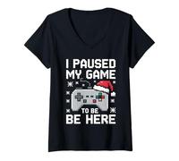 Mujer Retro Gamer Christmas Hice una Pausa en mi Juego para Estar aquí Humor Camiseta Cuello V