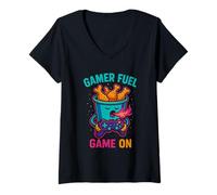 Mujer Retro Gaming Humor RPG Juego En Funny Chicken Wing Food Pun Camiseta Cuello V
