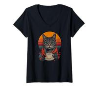 Mujer Retro Gato Bebiendo café sinthwave Vaporwave & Coffee Taza Camiseta Cuello V
