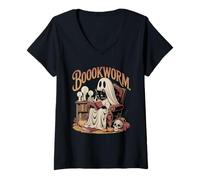 Mujer Retro Gato Fantasma Leyendo Libros Bibliotecario Profesor Halloween Camiseta Cuello V