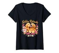 Mujer Retro Golden Retriever Mamá Perro Amante Puesta del Sol Camiseta Cuello V