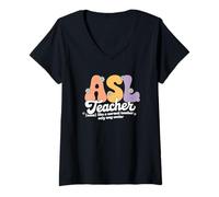 Mujer Retro Groovy ASL Profesor Americano Intérprete de Lenguaje de Señas Camiseta Cuello V