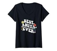 Mujer Retro Groovy Best ANITA Ever First Name Día de la Madre Niña Camiseta Cuello V