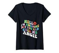 Mujer Retro Groovy Hola, Soy increíble, Pero Puedes llamarme Angie Camiseta Cuello V