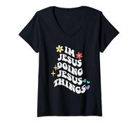 Mujer Retro Groovy Im Jesus Doing Jesus Things Funny Día de la Madre Camiseta Cuello V