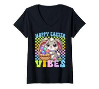 Mujer Retro Groovy Pastel Easter Vibes Bunny Checkered Mujeres Niñas Camiseta Cuello V