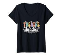 Mujer Retro Groovy Teatro Maestro Drama Actuación Escenario Escuela de Artes Camiseta Cuello V