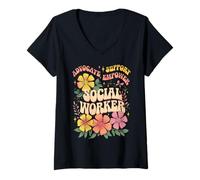 Mujer Retro Groovy Trabajador Social Flor Divertido Mes de Trabajo Social Camiseta Cuello V