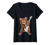 Mujer Retro Guitarra Rock Música de Cute Brown Bear Camiseta Cuello V