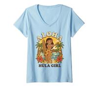 Mujer Retro Hawaii Aloha Hula Girl Tabla de Surf Tropical Playa Atardecer Camiseta Cuello V