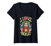 Mujer Retro Hippie Groovy I Love Pickles & Jesus Pickle Vegetariano Camiseta Cuello V