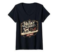 Mujer Retro Husky Navidad Trineo Paseo Viejo Moda Vacaciones Camiseta Cuello V