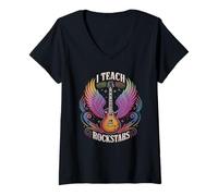 Mujer Retro I Teach Rock Stars Maestro Coro Apreciación Música Camiseta Cuello V